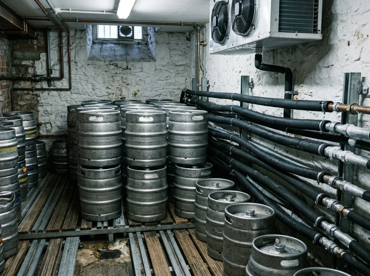Pub cellar with stacked kegs, python beer lines and a wall-mounted cellar cooling unit