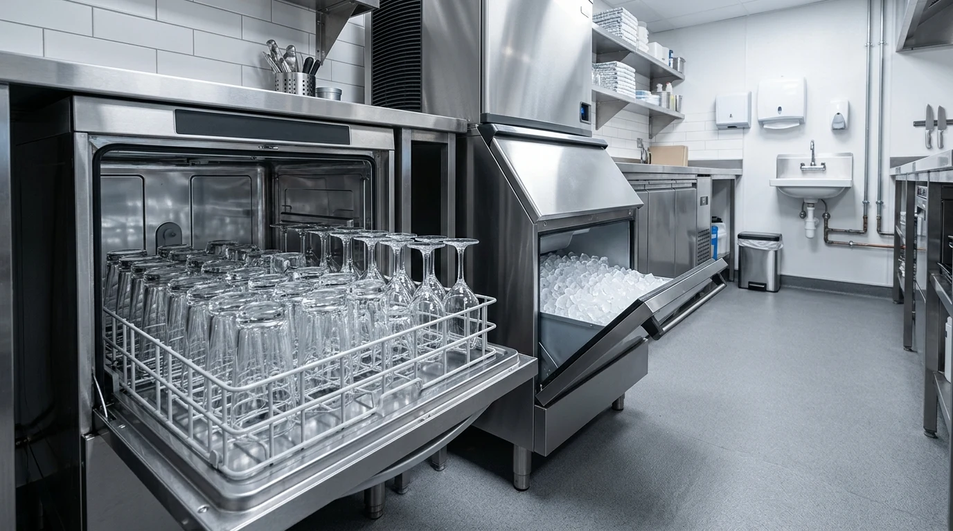 Undercounter commercial glasswasher with a rack of clean glassware beside an ice machine