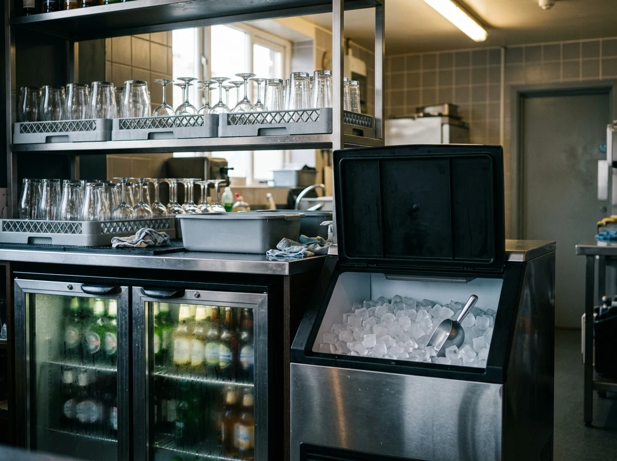 Modular ice machine and undercounter bottle coolers behind a busy bar