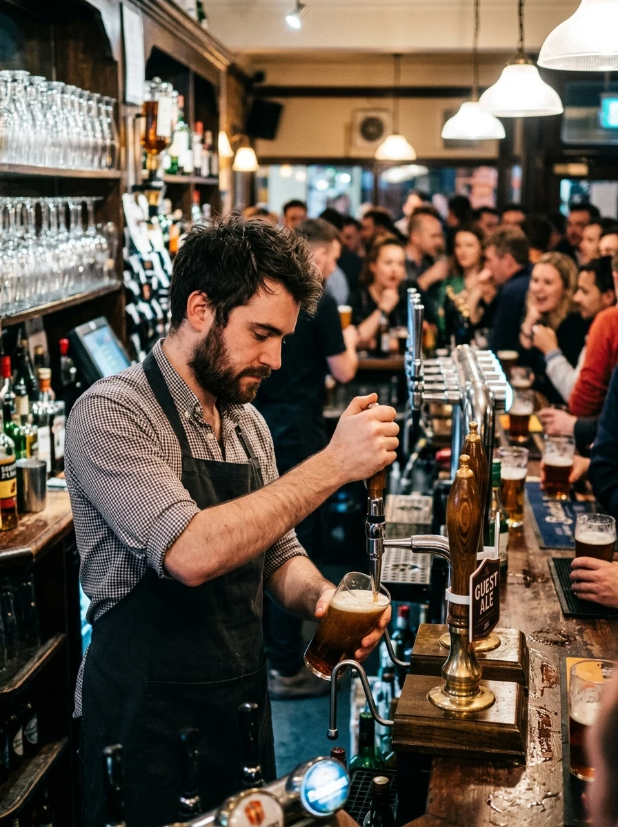 Bartender pulling pints at a busy bar with clean glassware stacked behind