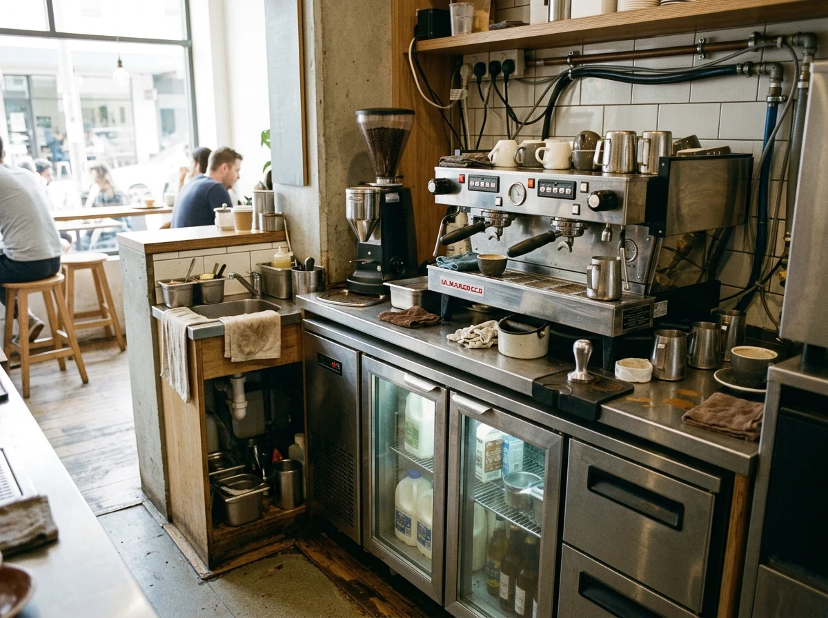 Compact coffee shop counter with espresso machine, grinder and undercounter refrigeration