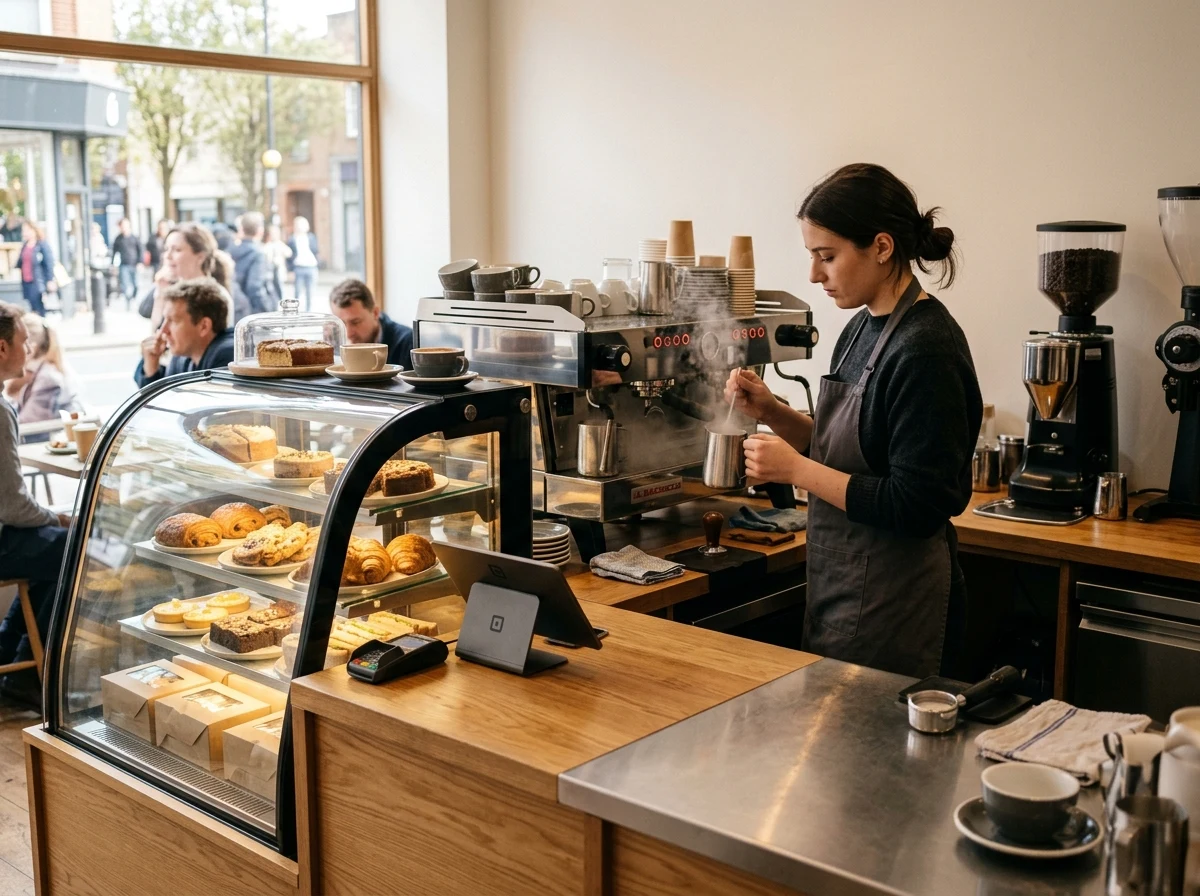 Barista working an espresso machine beside a refrigerated cake display in a coffee shop