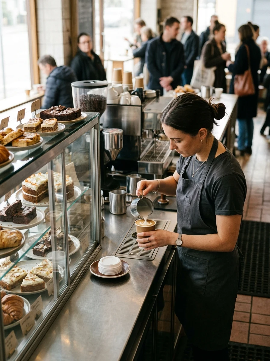 Barista finishing a takeaway coffee beside a refrigerated cake display