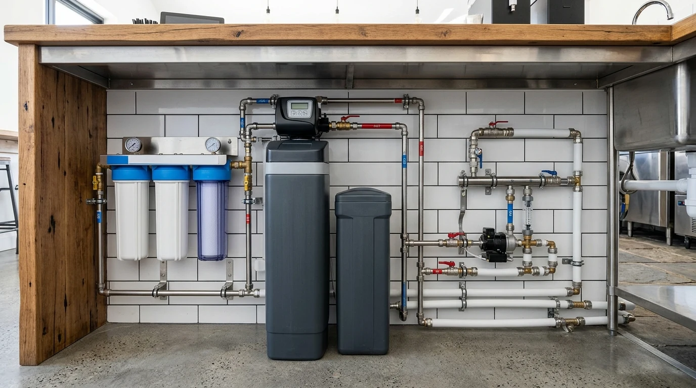 Commercial water filtration and softening equipment plumbed under a cafe counter