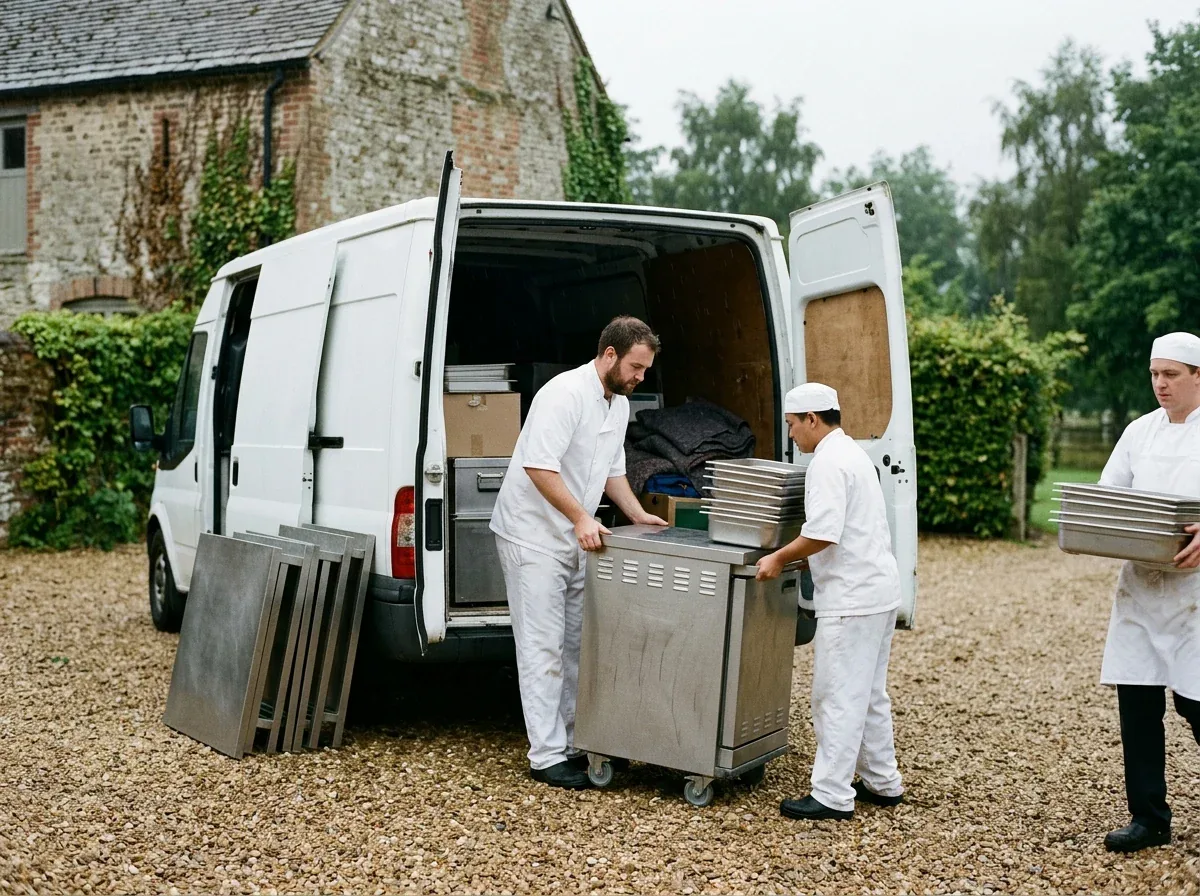 Chefs loading gastronorm containers and a mobile heated cabinet into a catering van