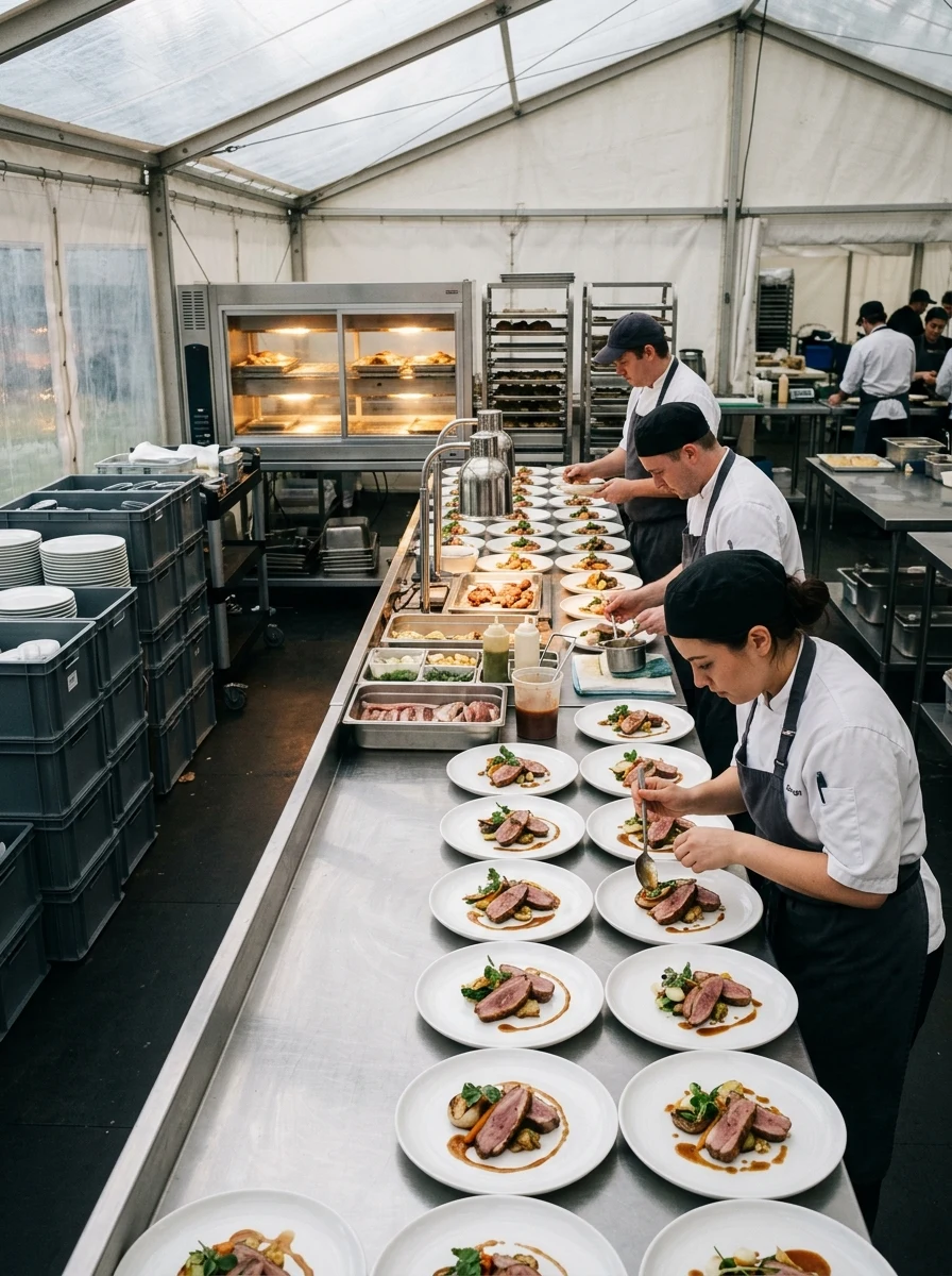Chefs plating a function meal on a stainless bench in a marquee kitchen