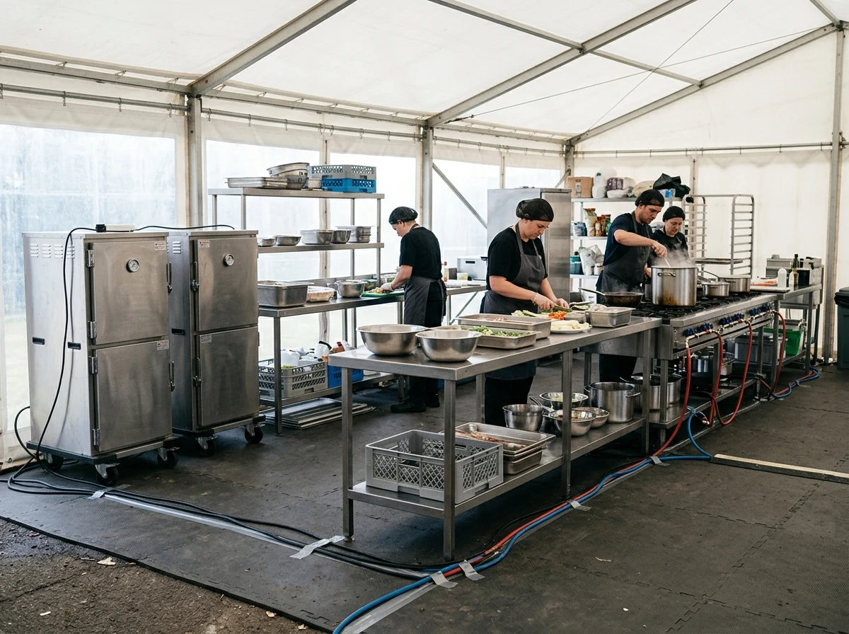Temporary field kitchen in a marquee with mobile heated cabinets on castors