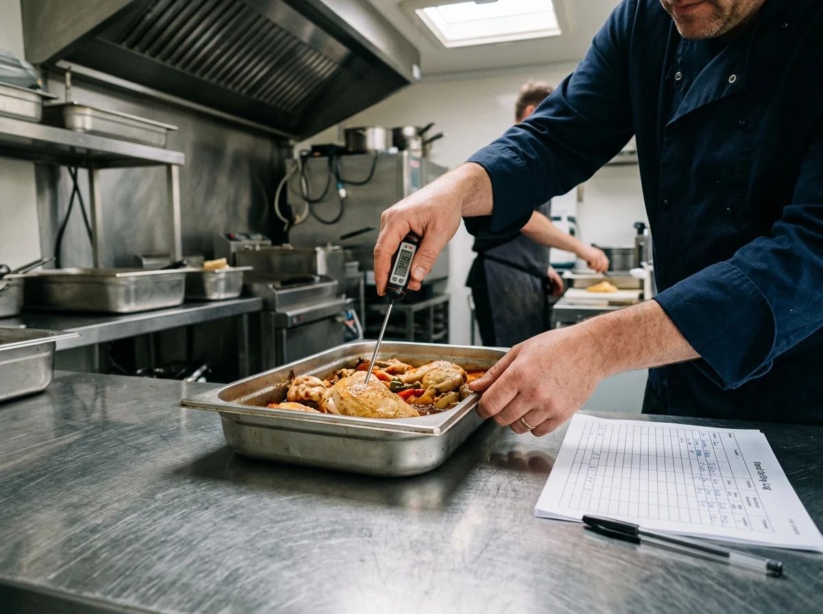 Chef using a digital temperature probe and recording the reading on a paper sheet