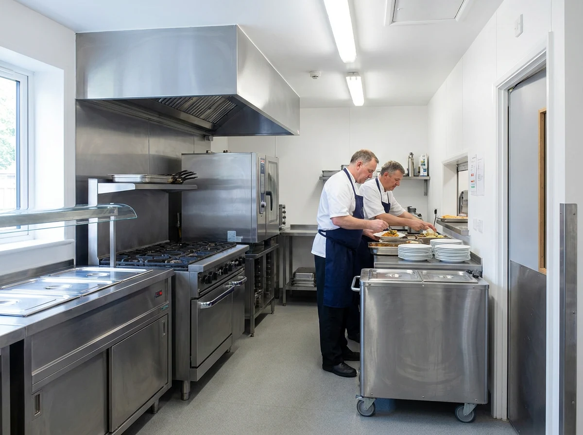 Chefs plating a lunch service in a care home commercial kitchen with a heated meal trolley alongside