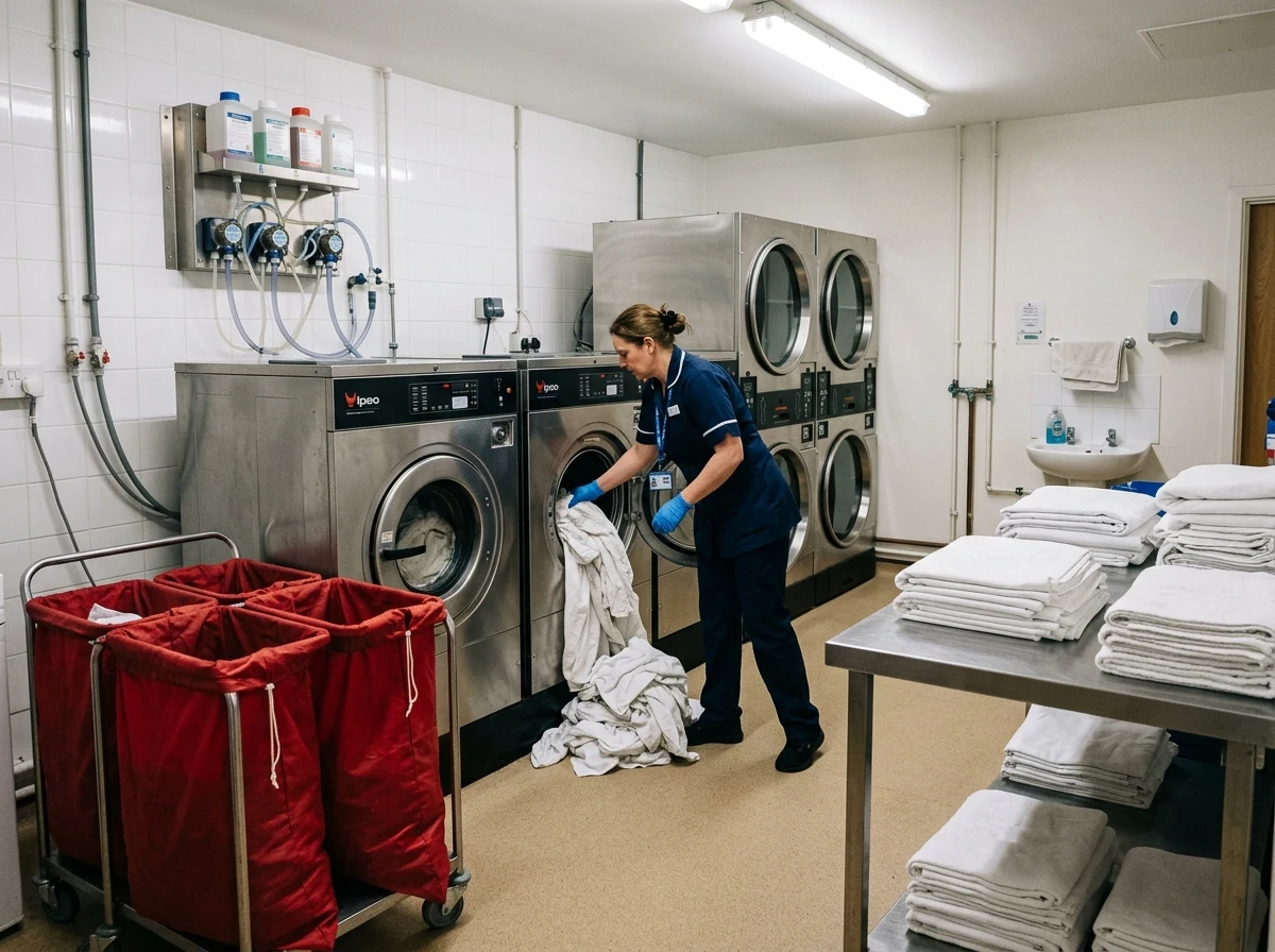 On-premise laundry in a care home with commercial washer extractors and tumble dryers