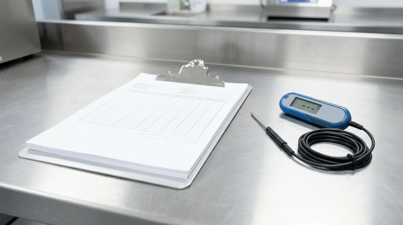 Service and commissioning records on a clipboard alongside a temperature probe