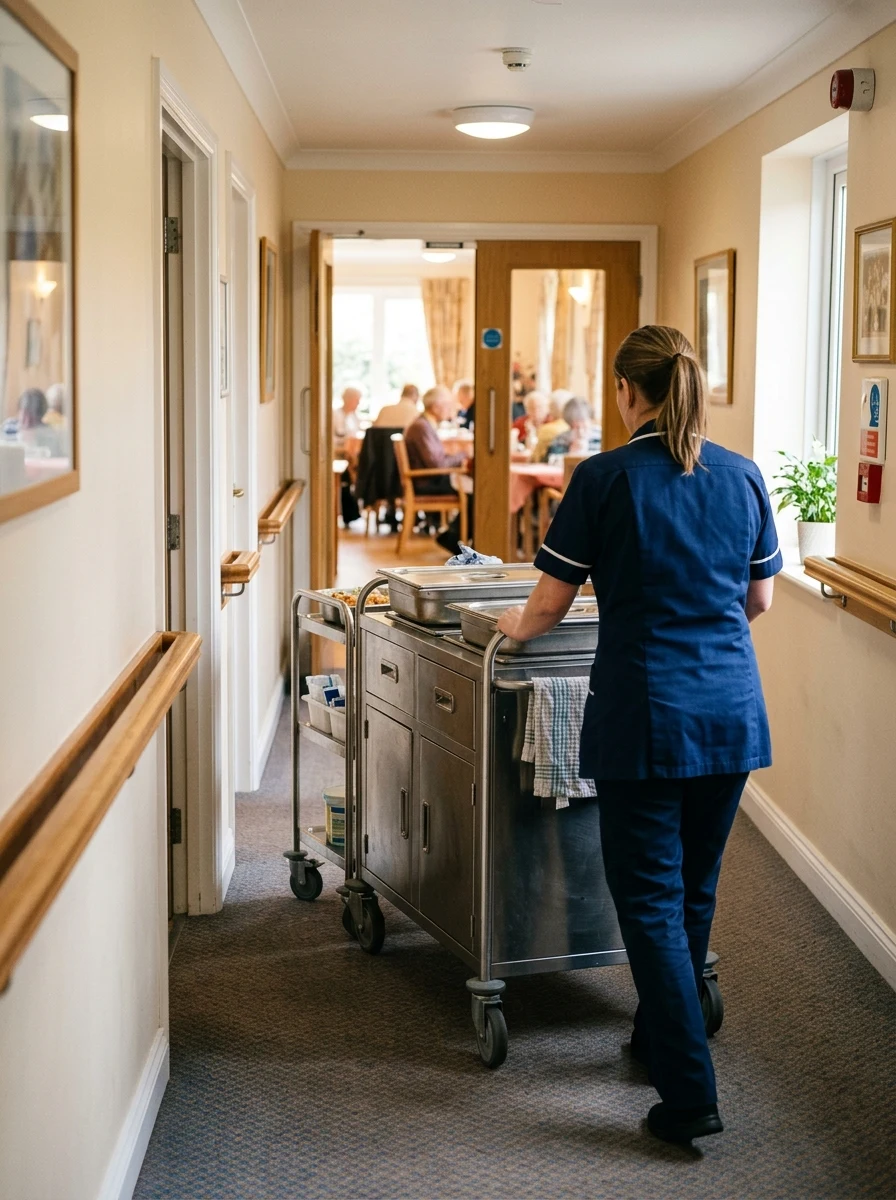 Care staff member wheeling a heated meal trolley along a care home corridor towards the dining room