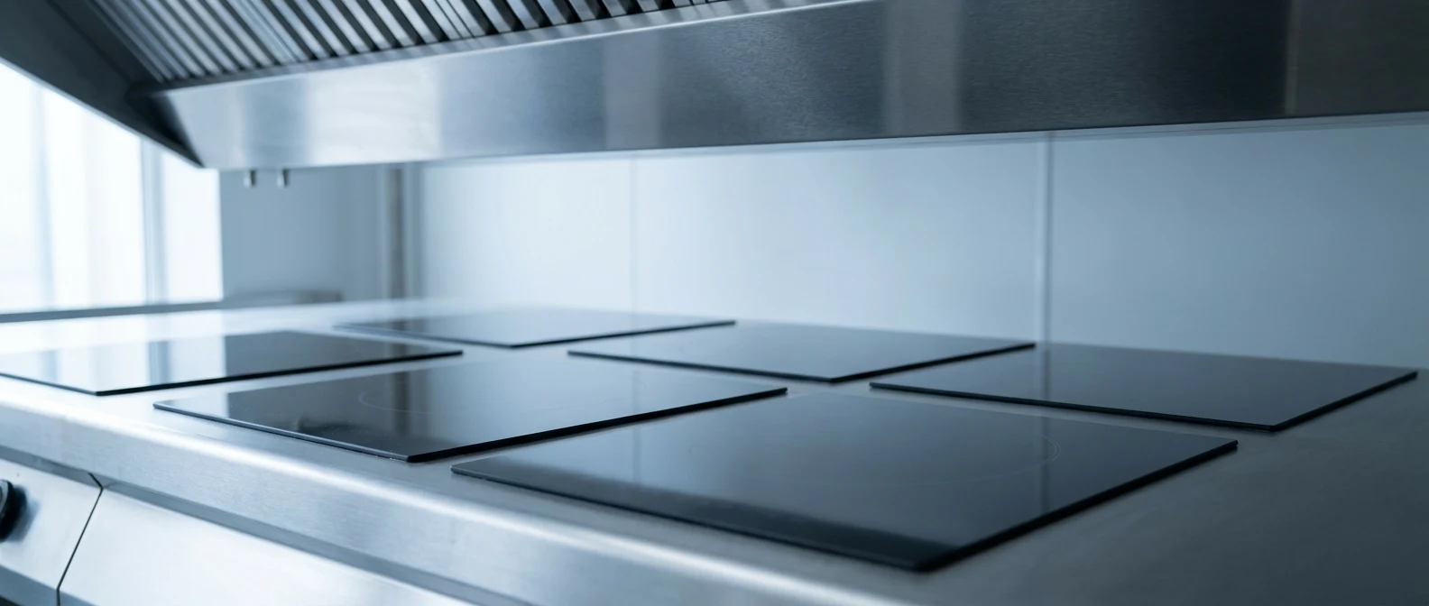 All-electric commercial induction cook line under a stainless extraction canopy