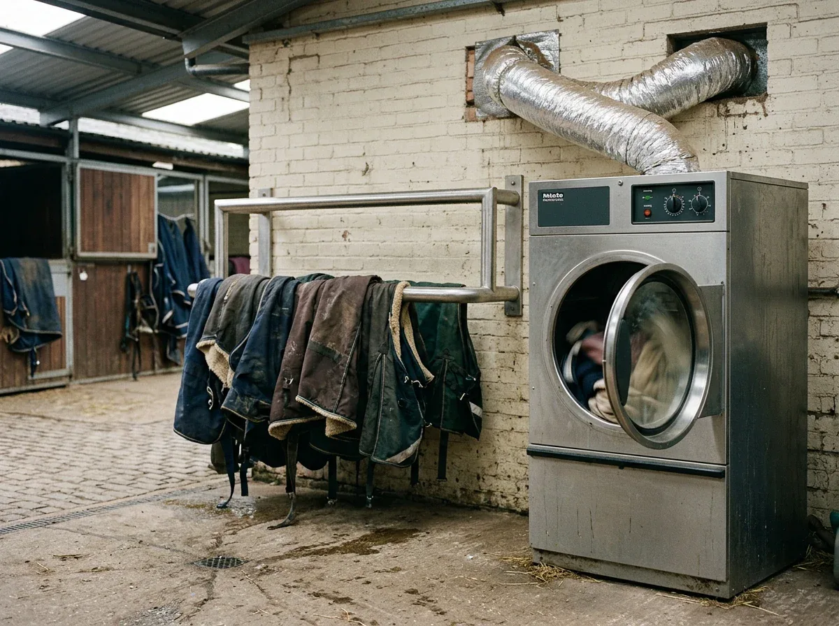 Commercial tumble dryer and drying rail with washed horse rugs in a yard laundry