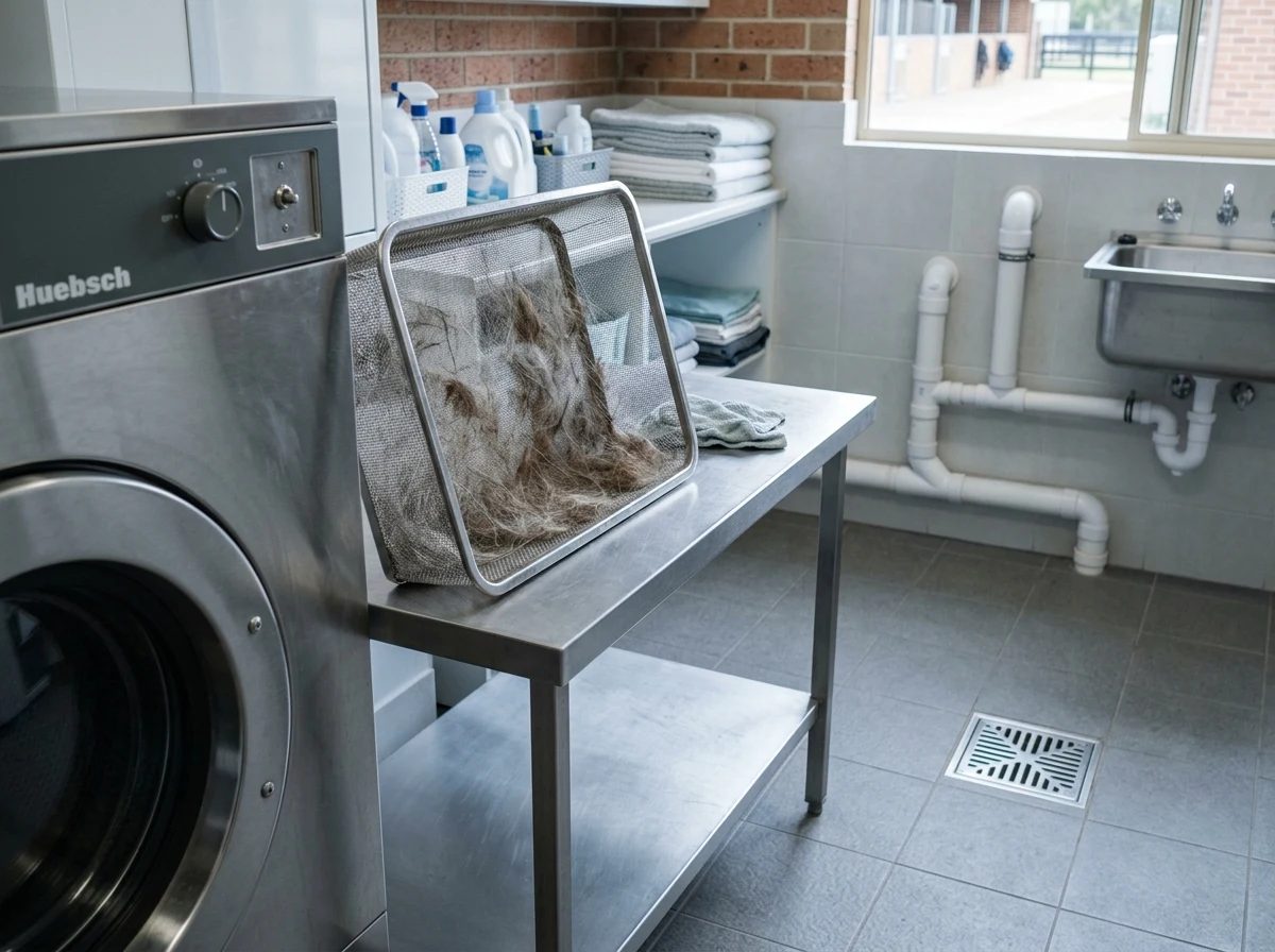 Lint and hair filter basket pulled out at the base of a commercial washing machine