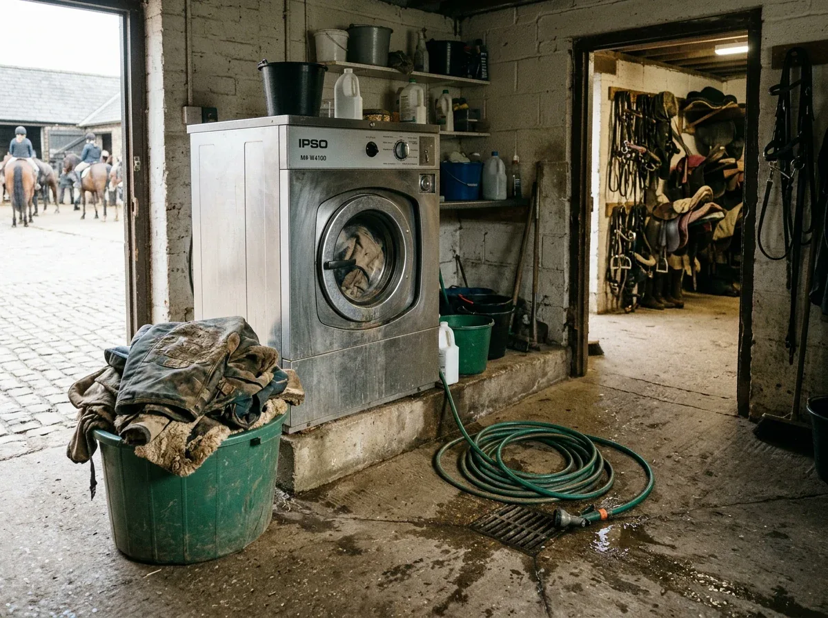 Heavy duty washer extractor in a stable yard laundry with muddy horse rugs waiting