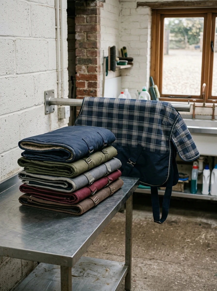 Clean folded horse rugs stacked on a stainless bench in a yard laundry