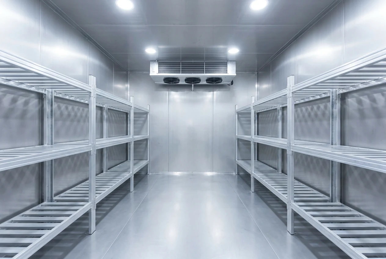 Interior of a new stainless steel walk-in cold room with aluminium shelving