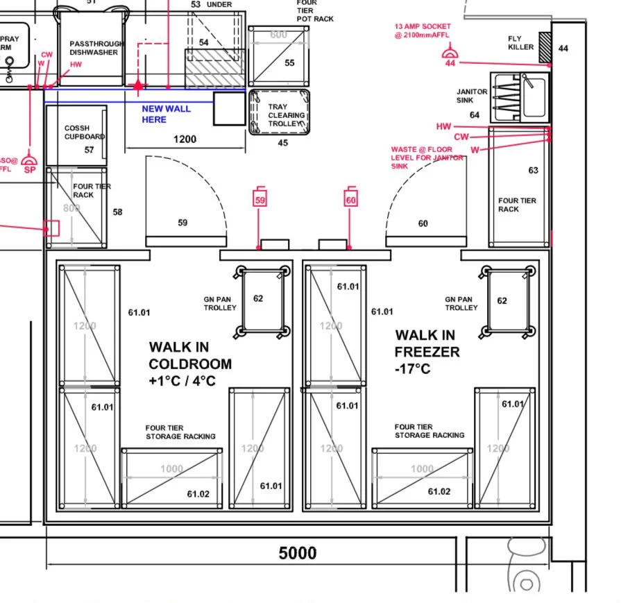 CAD plan of a walk-in coldroom at +1 to +4C alongside a walk-in freezer at -17C, with four-tier storage racking, GN pan trolleys and marked service connections
