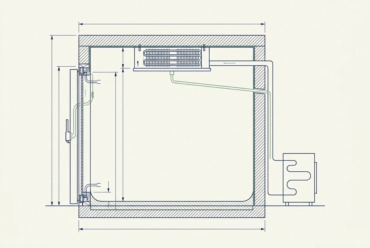 Section detail of a cold room showing insulated panels, door, evaporator and condensate drain