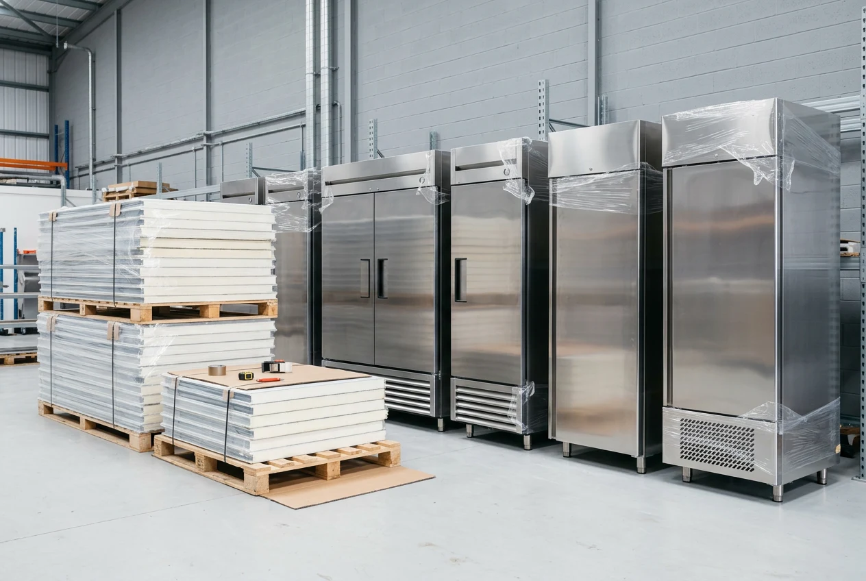 New commercial refrigeration cabinets and cold room panels staged for installation