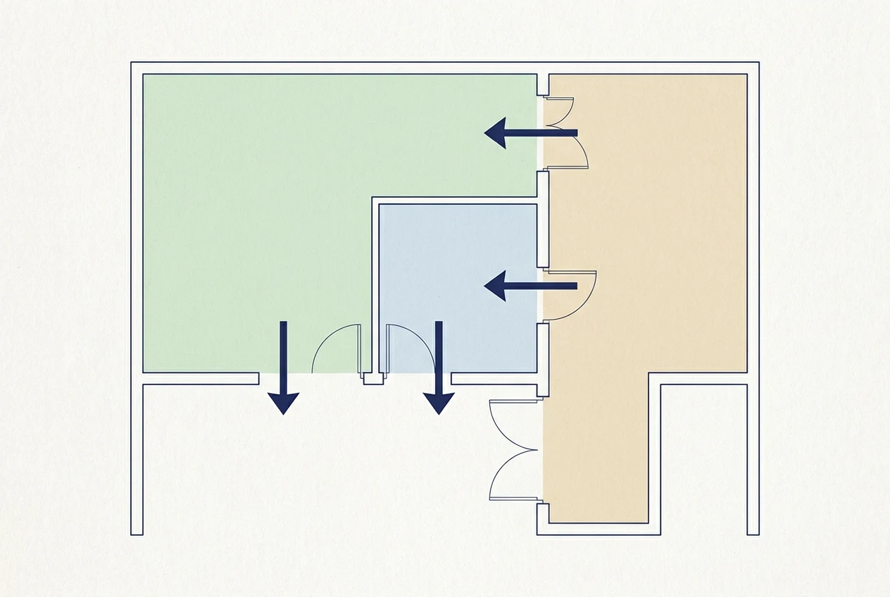 Zoning diagram showing delivery, chilled and frozen storage with stock flow arrows