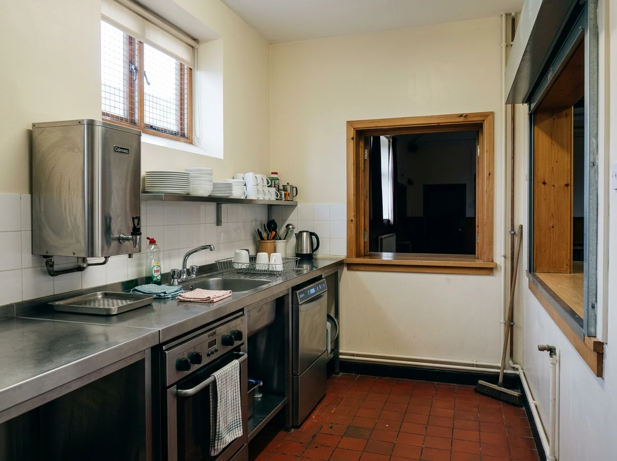 Village hall kitchen with a small commercial oven, dishwasher and serving hatch