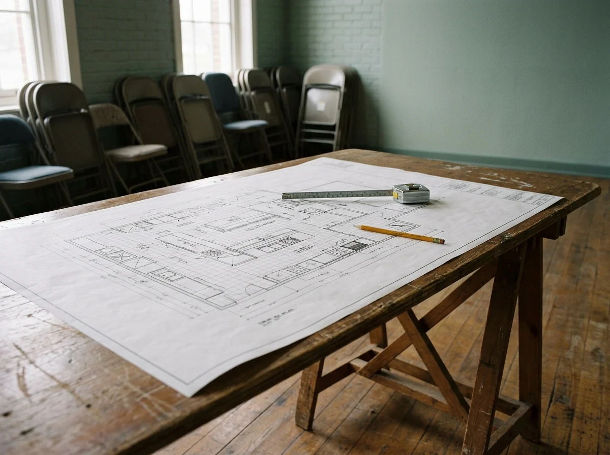 Printed commercial kitchen layout drawing on a trestle table in a community hall