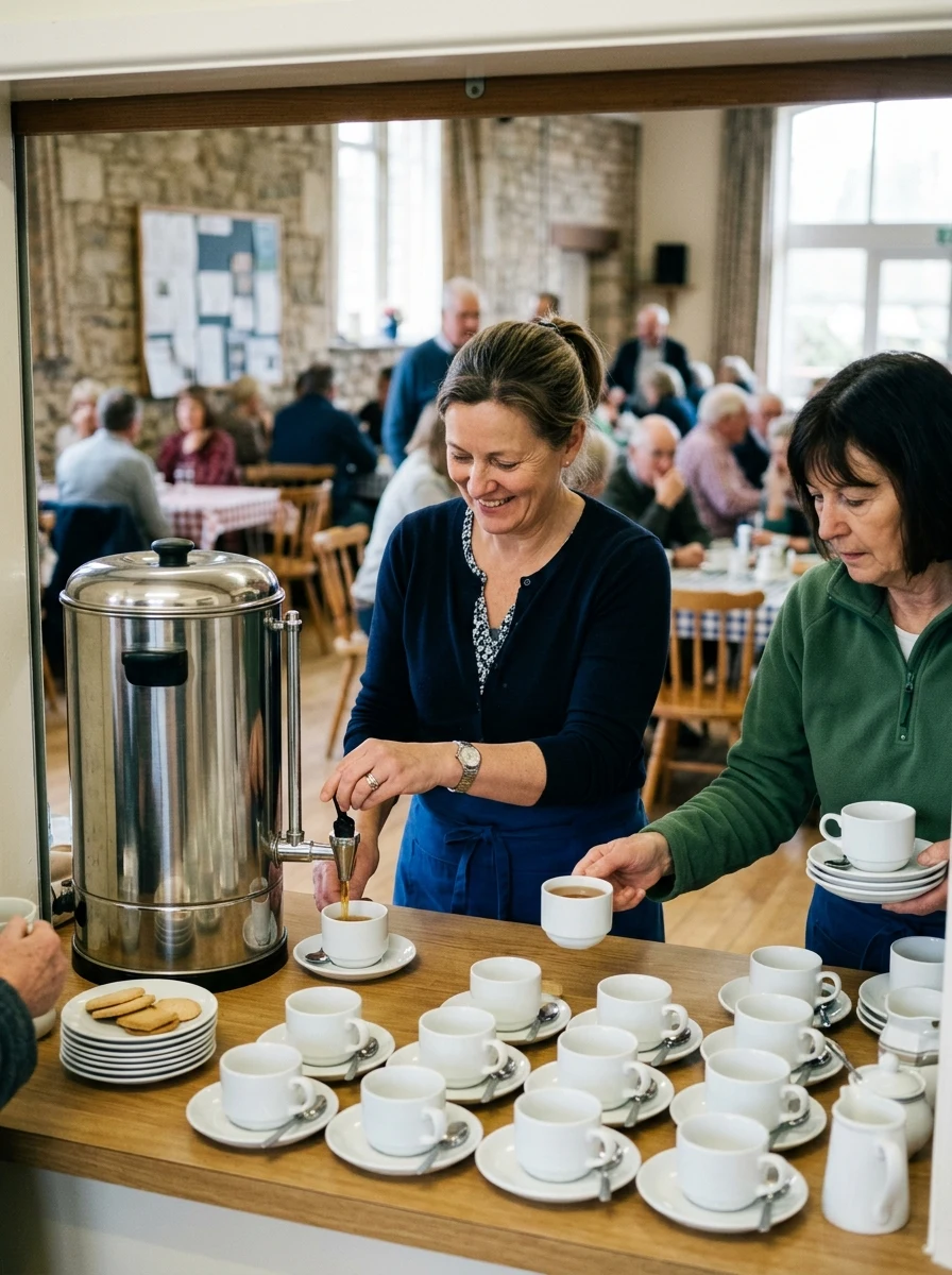 Volunteers pouring tea from a stainless urn at a village hall serving hatch