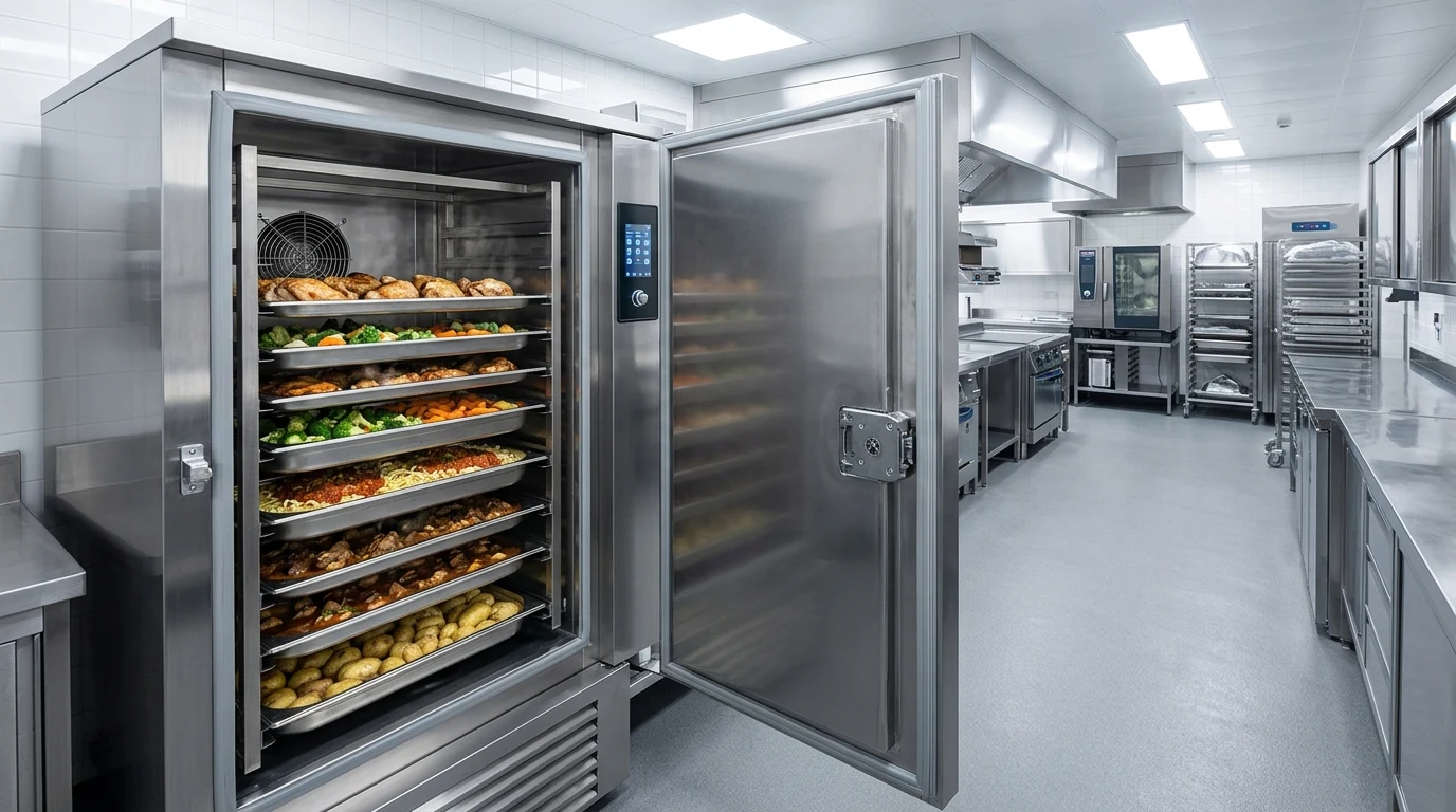 Blast chiller with trays of cooked food on racks in a hospital production kitchen