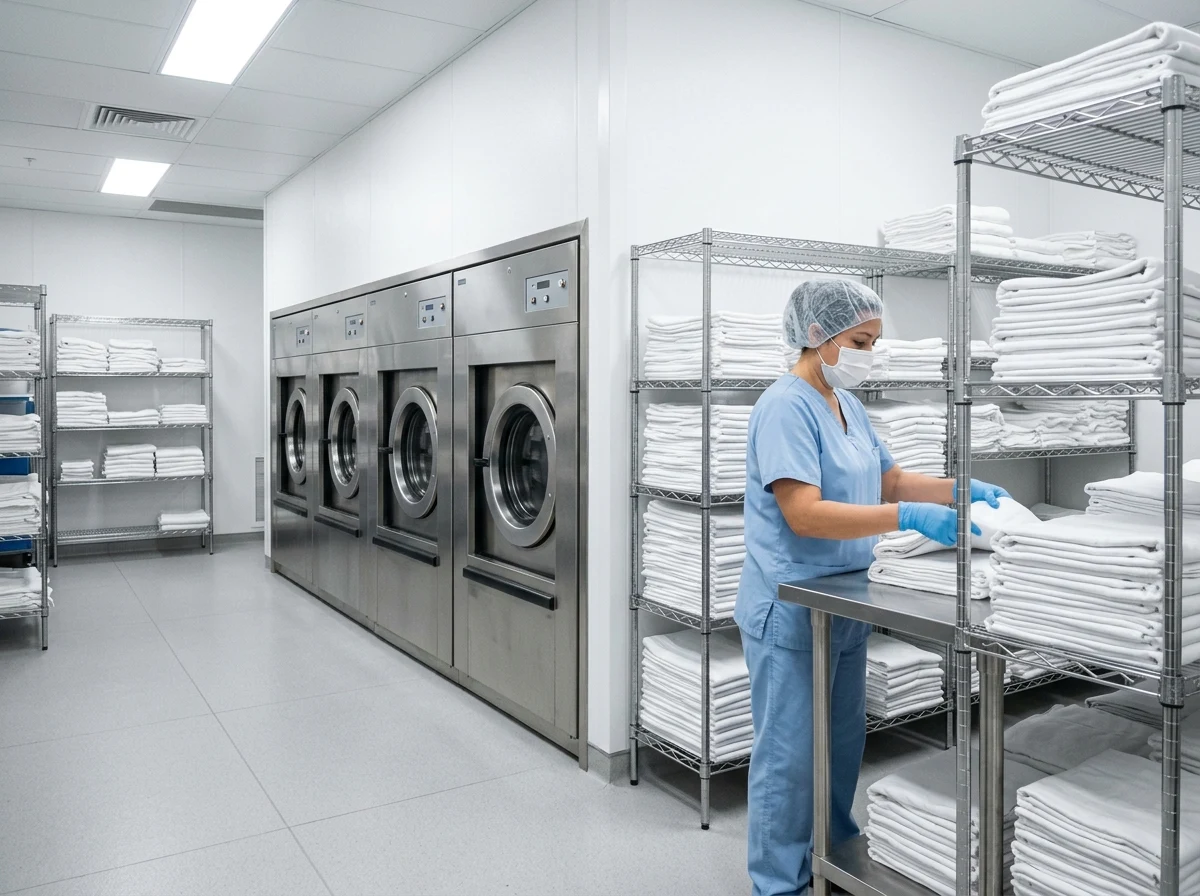 Healthcare barrier laundry with washing machines set into a dividing wall and clean linen on the clean side