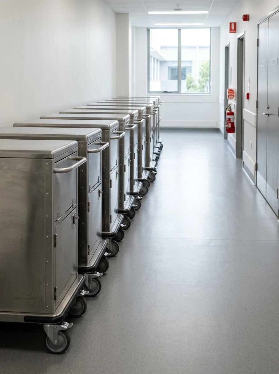 Insulated meal delivery trolleys lined up in a hospital service corridor