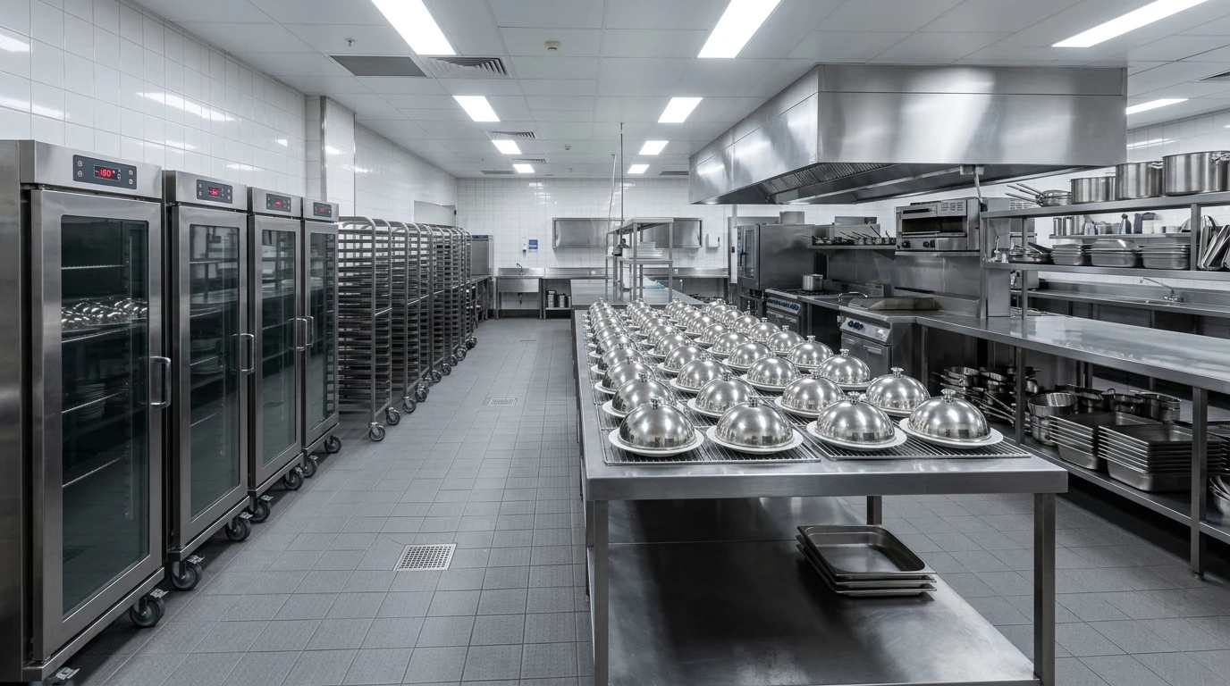 Hotel banqueting kitchen with heated holding cabinets and plating trolleys ready for a function