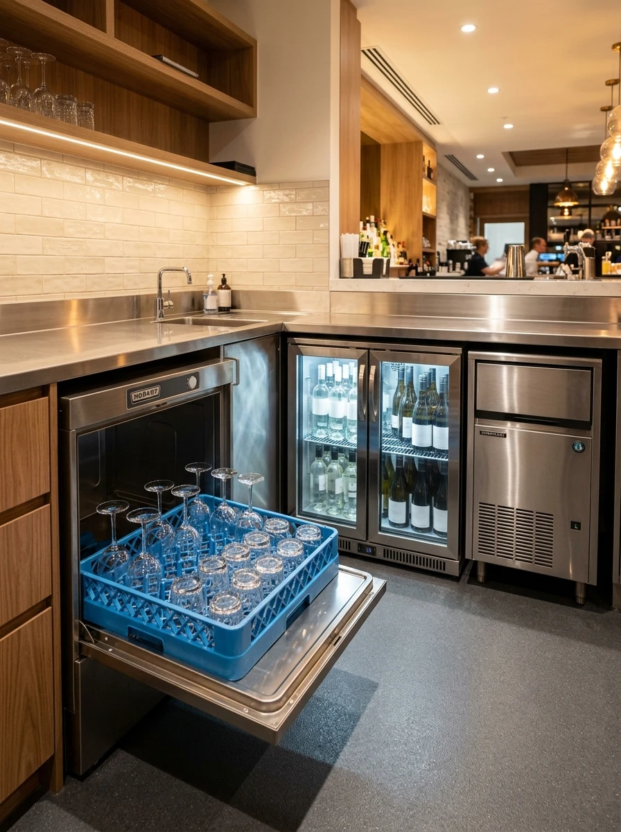 Hotel bar back of house with an undercounter glasswasher, bottle cooler and ice machine