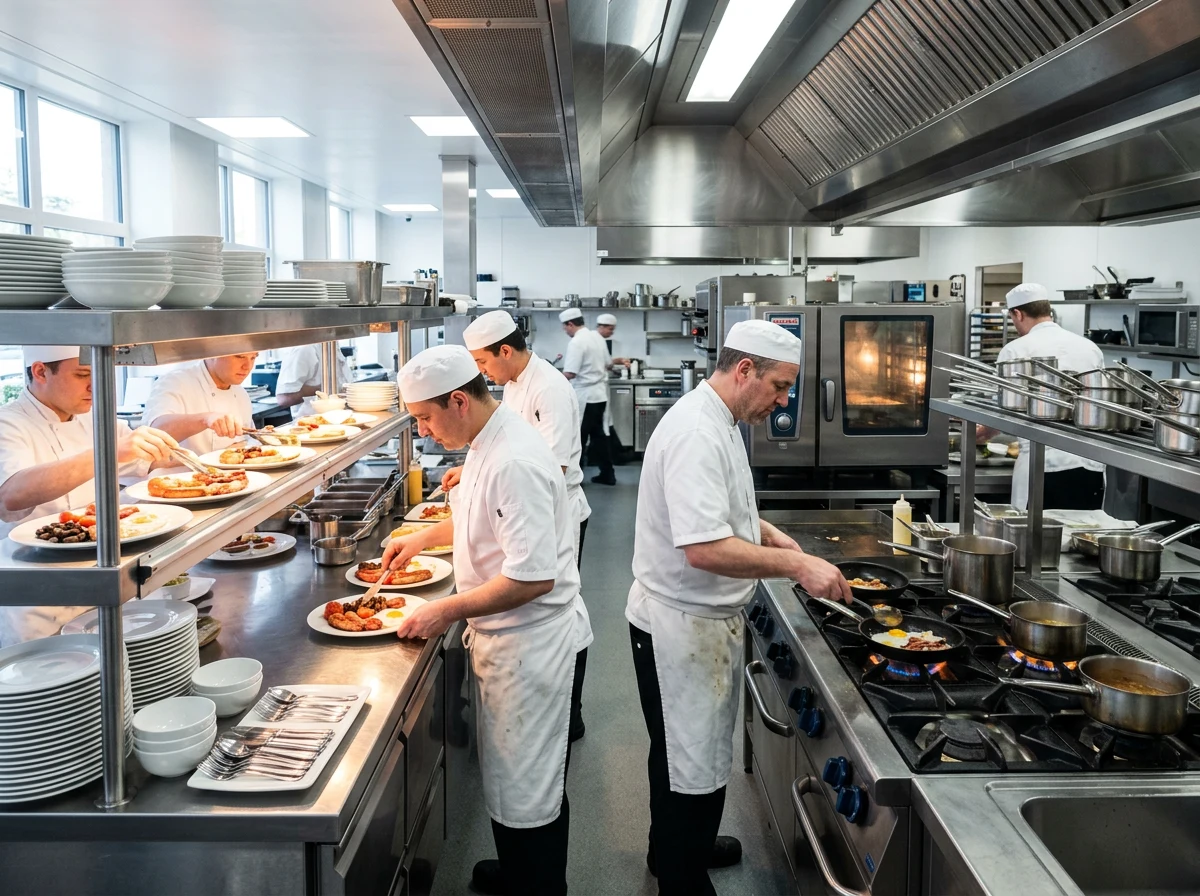 Chefs plating cooked breakfasts on a stainless steel cookline in a hotel kitchen
