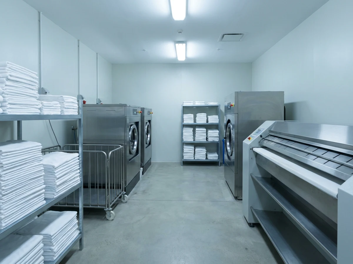 Hotel linen laundry with commercial washer extractors, a rotary ironer and stacks of clean white linen