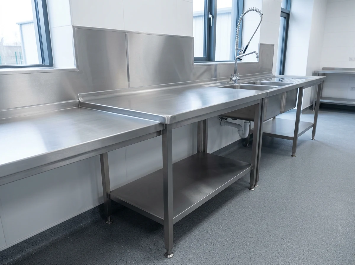 Stainless steel fabrication fitted between commercial kitchen equipment