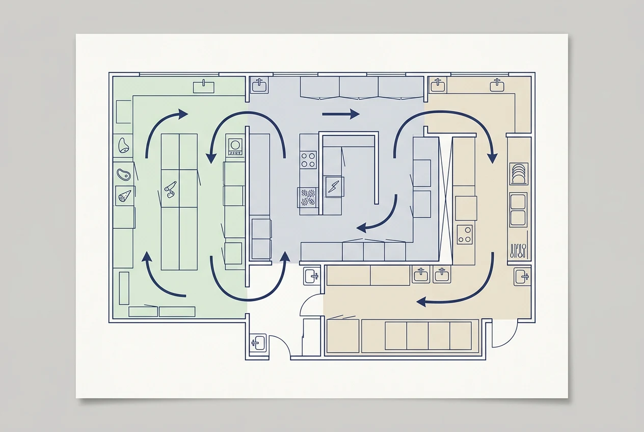 Zoning diagram showing raw, ready-to-eat and wash-up areas with one-way flow between them