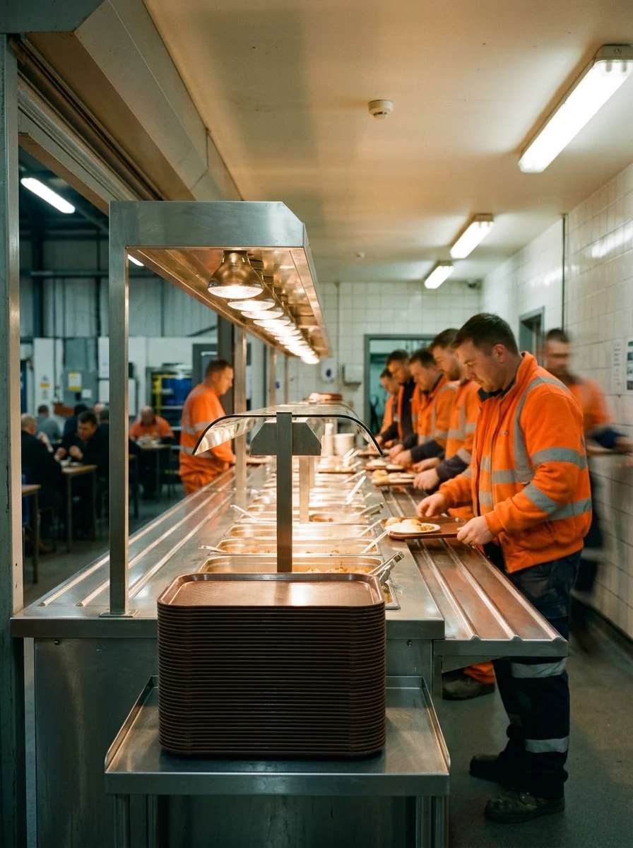 Works canteen hot counter with a heated gantry and workers queuing