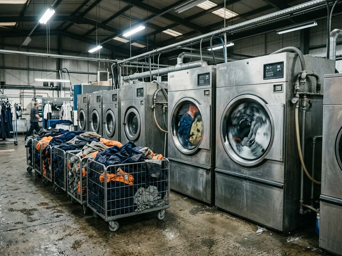 Row of industrial washer extractors running in a workwear laundry