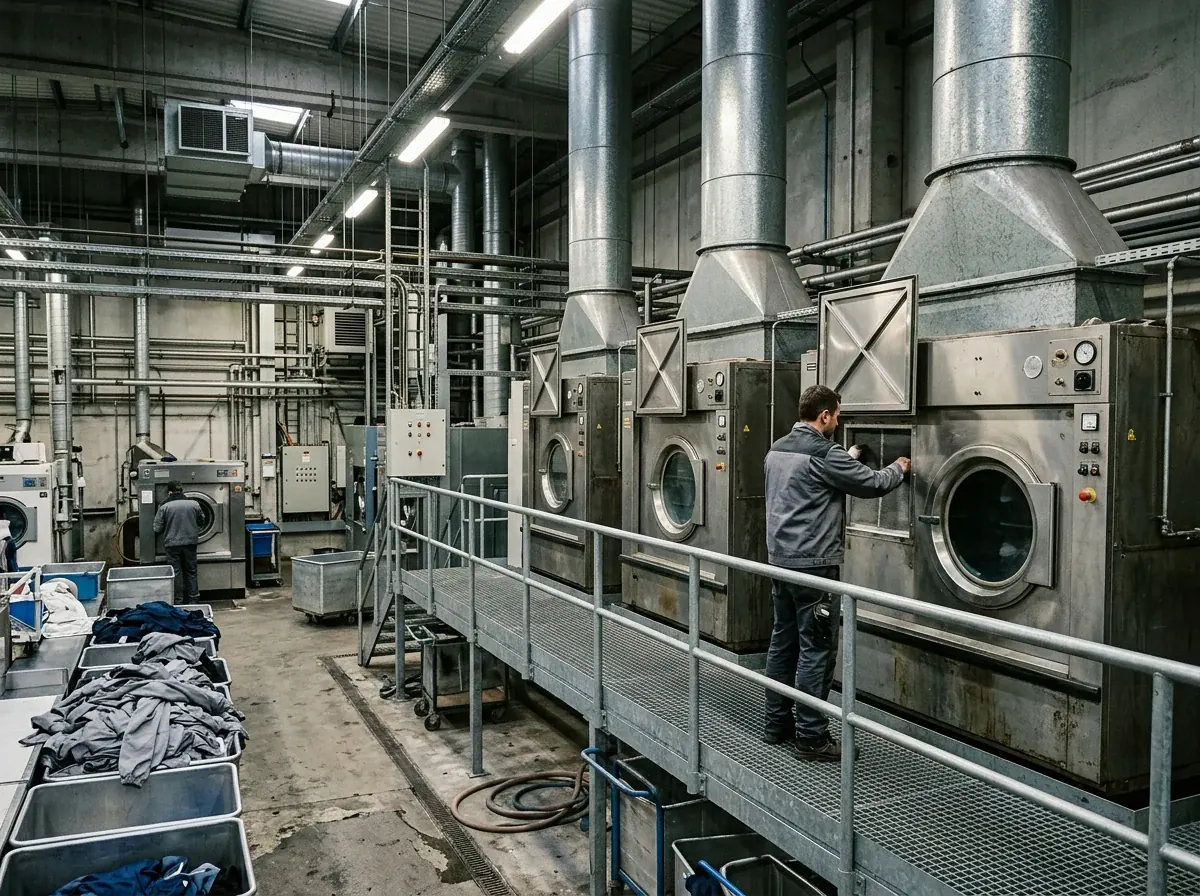 Industrial laundry dryers with galvanised extraction ducting rising to the ceiling
