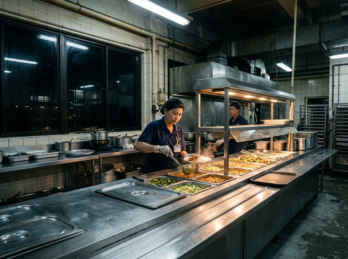 Factory canteen servery with heated wells during a night shift