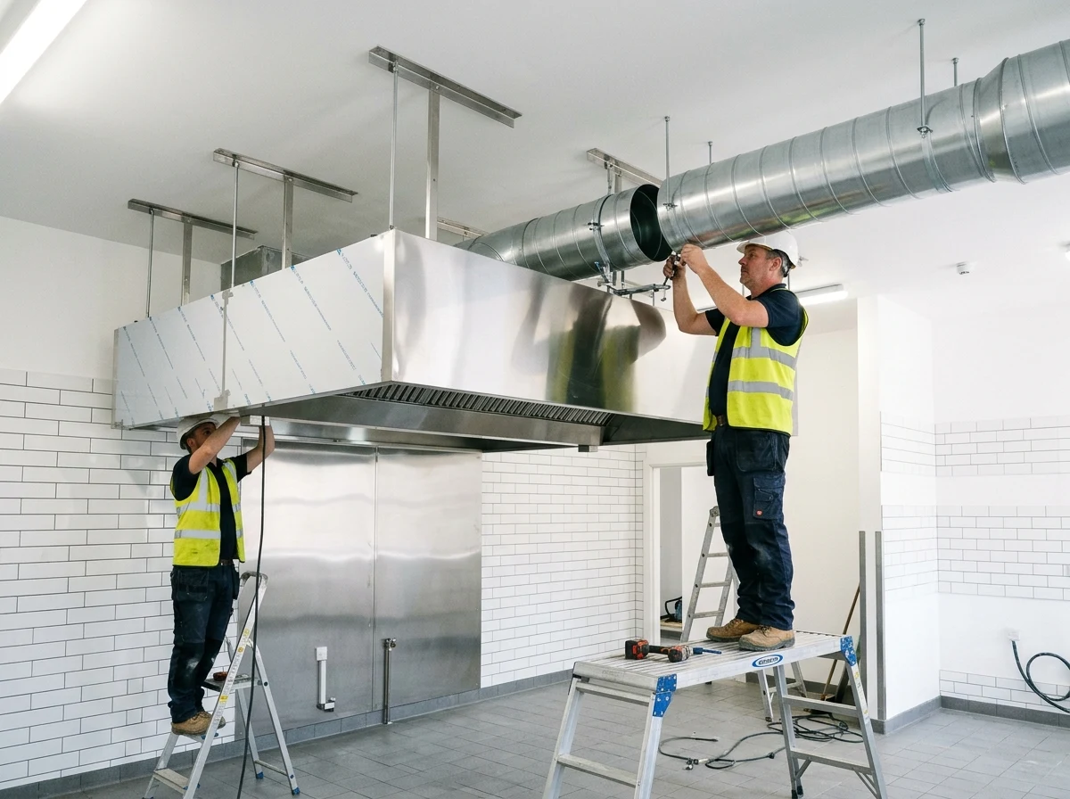 Stainless steel extraction canopy and spiral ductwork being installed in a commercial kitchen