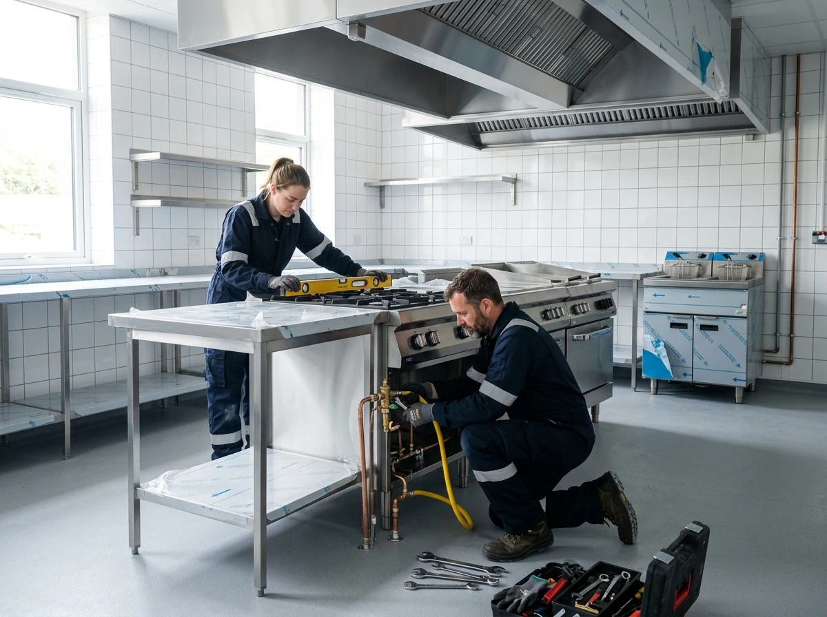 CKLS engineers connecting services to a brand-new stainless steel commercial cookline