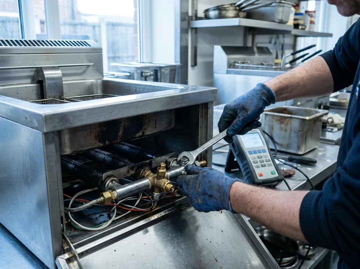 Engineer servicing a commercial gas fryer with the front panel removed