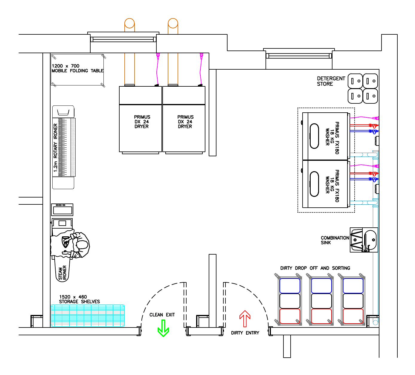 CKLS commercial laundry layout drawing showing the dirty entry and sorting bays, washer extractors, tumble dryers, rotary and steam ironers, folding table, storage shelving and a separate clean exit