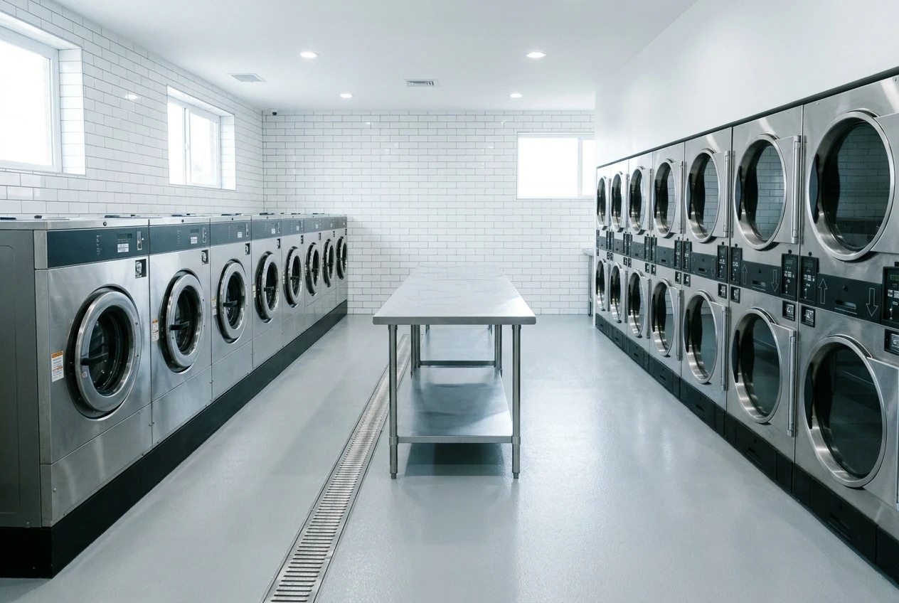 Row of commercial washer extractors and stacked tumble dryers in a new on-premise laundry