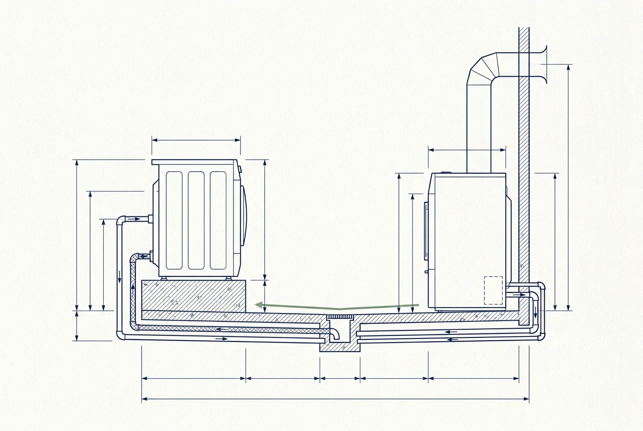Section drawing showing a washer on a plinth with drainage falls and dryer ducting