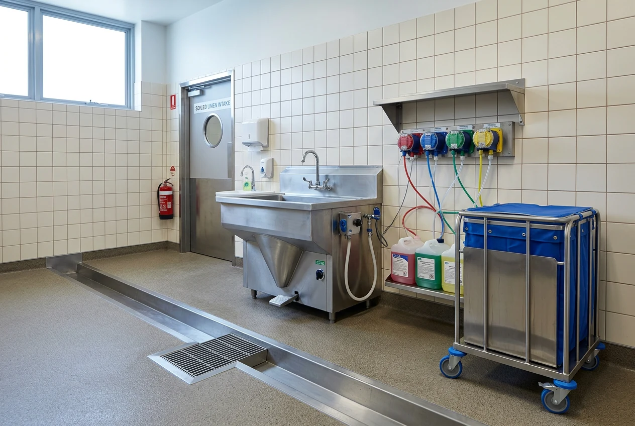 Stainless sluice sink and wall mounted dosing pumps in a soiled linen area