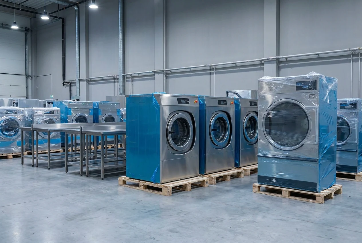 New commercial washer extractors and tumble dryers staged ready for installation